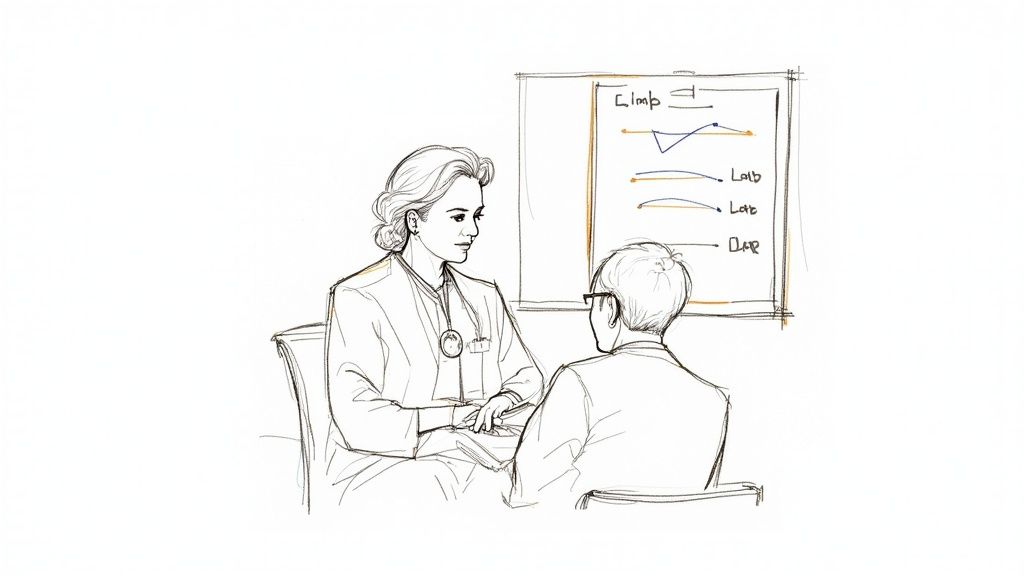Doctor consulting with patient while reviewing medical test results on whiteboard in clinic