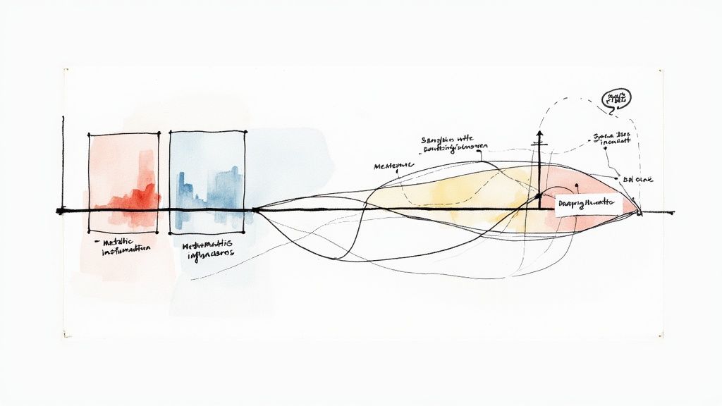 Watercolor diagram showing metabolic inflammation pathway connecting to mechanistic influences and sampling rate functions