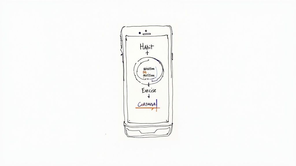 Smartphone displaying habit tracking app interface with nutrition and exercise workflow diagram