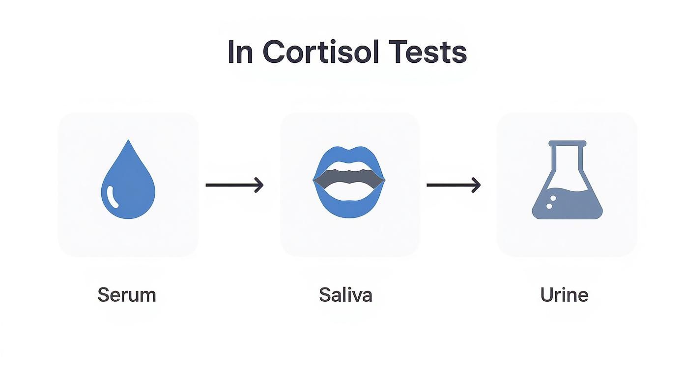 Cortisol testing methods showing collection process from serum, saliva, and urine samples with laboratory analysis