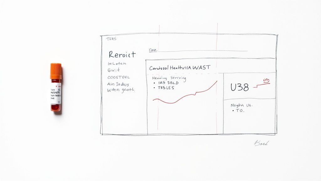 Blood test tube beside handwritten report showing cortisol health test results with U38 marking