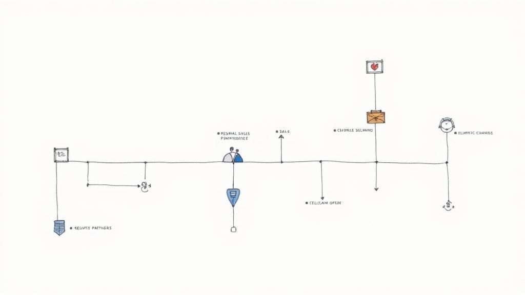 Business ecosystem diagram showing relationships between partners, sales, chores, rewards, and cellular offers connected by lines