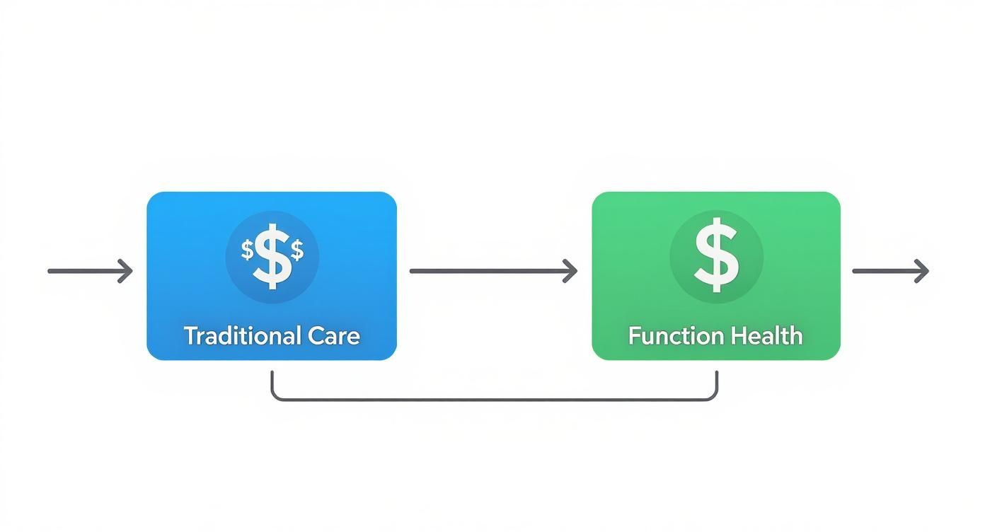 Healthcare flow diagram showing traditional care transitioning to function health with dollar sign icons