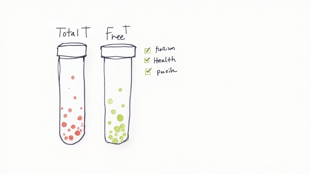 Two test tubes showing total testosterone and free testosterone levels with health indicators checked