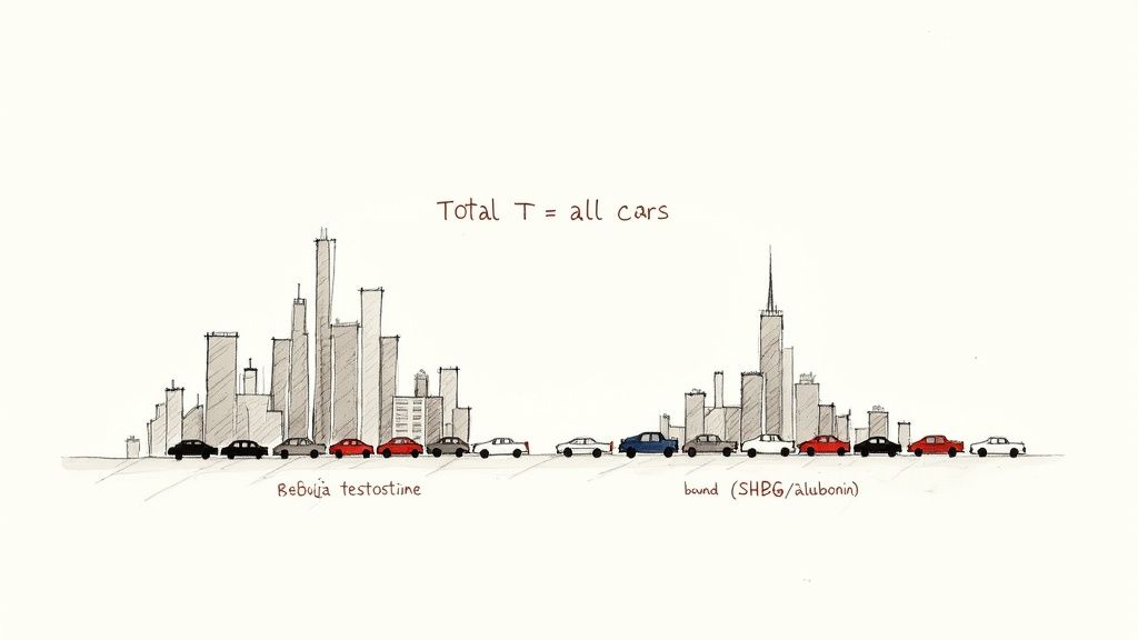 Illustration showing cars lined up beneath city skylines representing testosterone levels in blood bound to SHBG and albumin