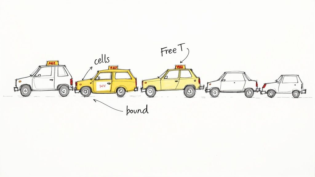 Row of vehicles showing taxi cabs labeled as bound, free, and cells in traffic illustration