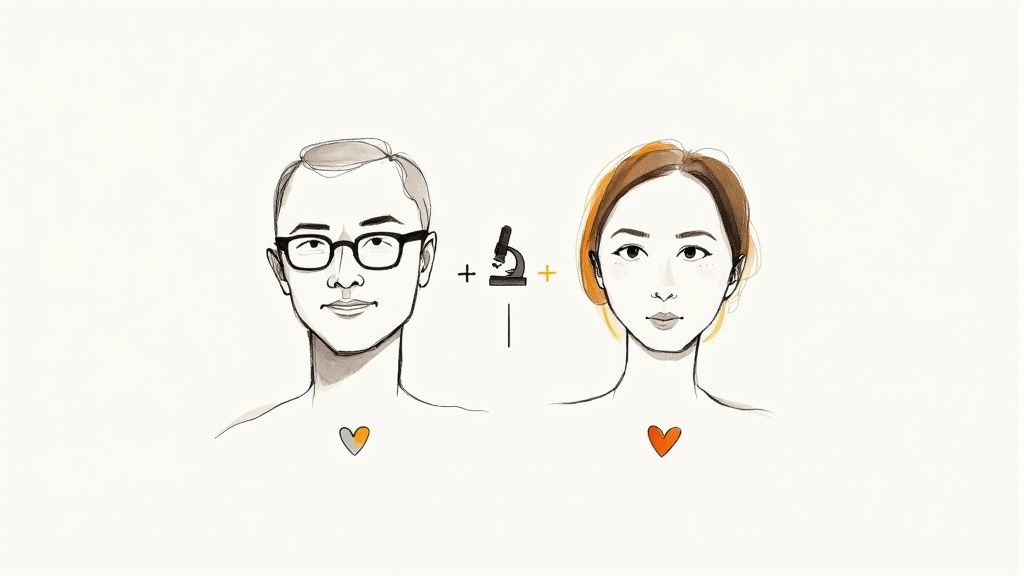 Illustration showing a man and a woman, a microscope, and two hearts, symbolizing health.