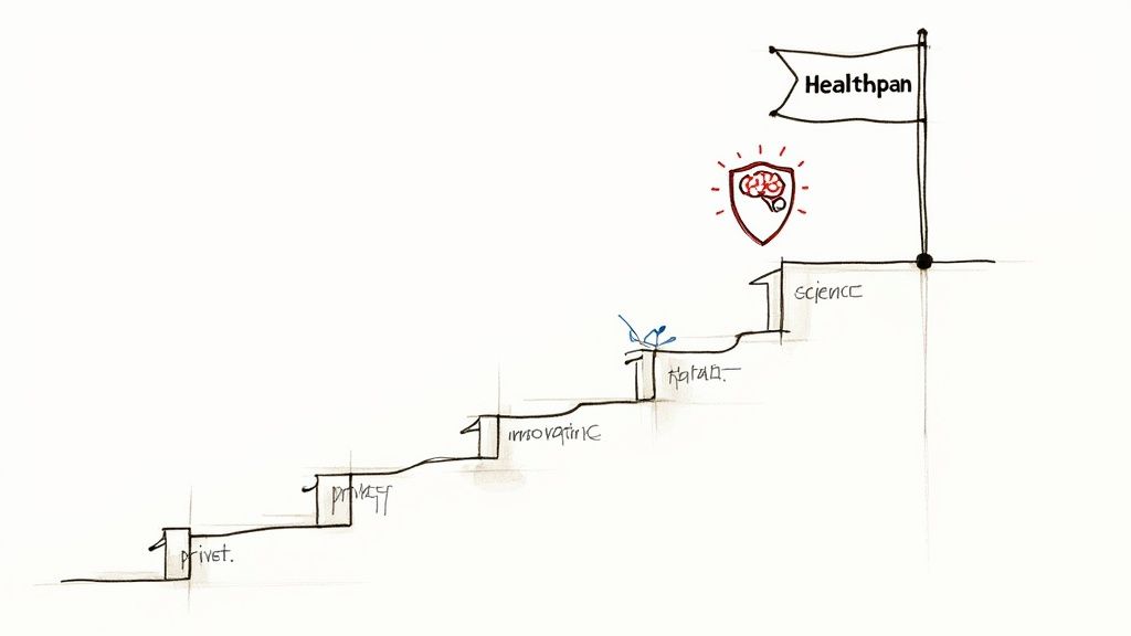 A hand-drawn diagram of a staircase with concepts like privacy and science leading to a "Healthpan" flag.