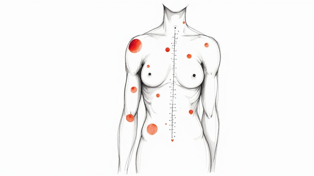 A drawing of a human torso with a ruler-like spine and red circles marking various points.