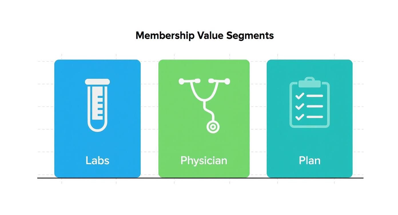 A graphic depicting three membership value segments: Labs, Physician, and Plan, each with a corresponding icon.