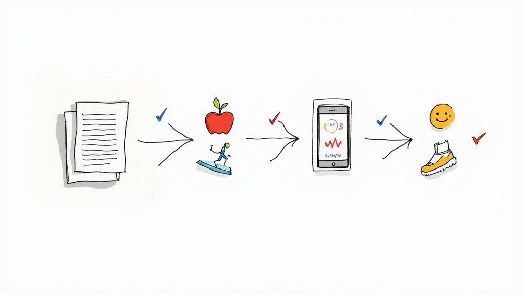 An illustrated journey of health management, from planning and exercise to digital tracking and positive well-being.