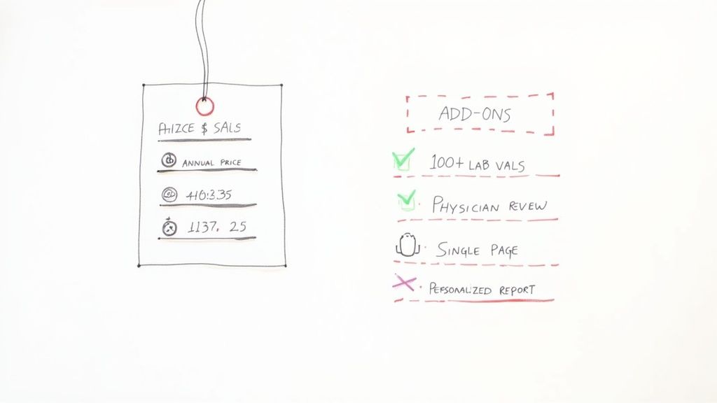 A handwritten diagram detailing annual price, add-ons, and included features for a health membership.