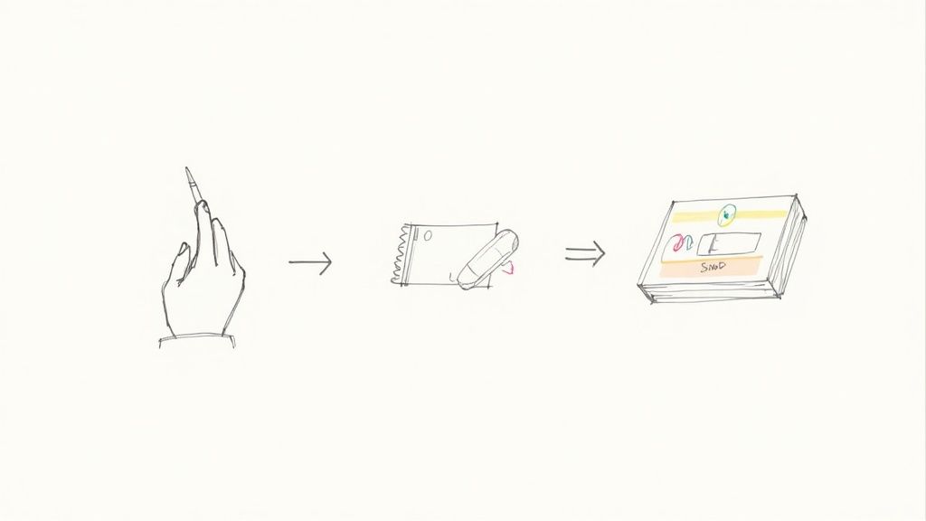 A hand holding a pen, an eraser editing a drawing, and a final design document.