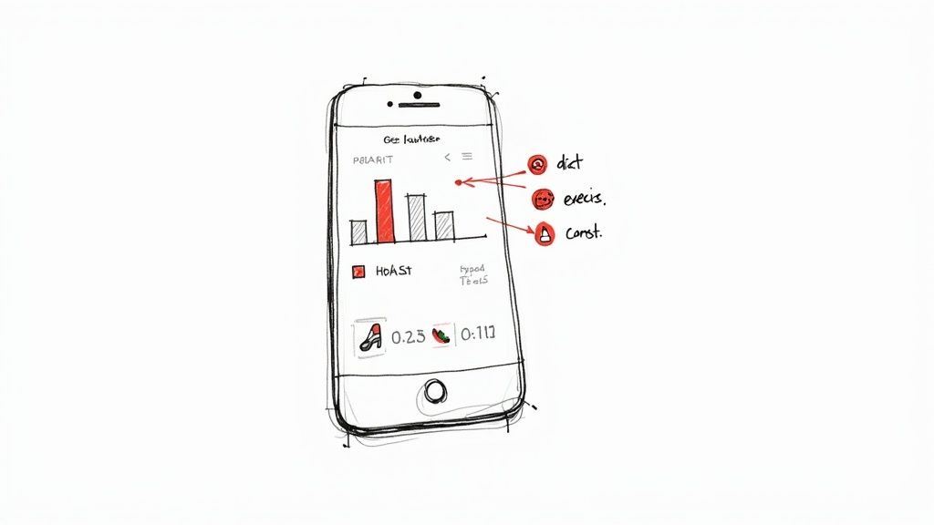 Hand-drawn sketch of a smartphone showing a health tracking app with a bar chart and labels for diet, exercise, and constant values.