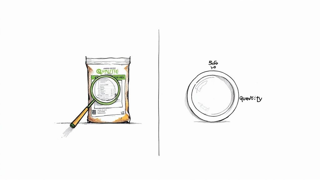 Illustration depicting a magnifying glass examining a food package label and a bowl indicating 56g quantity.