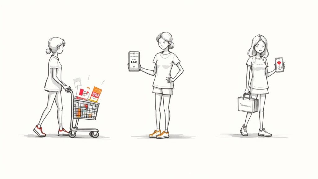 Three illustrations show a woman shopping, checking prices on a phone, and using a health tracking app.