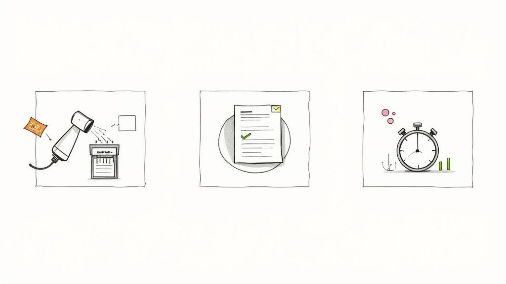 Three illustrations depicting data scanning, document verification, and time tracking with a stopwatch and progress bars.