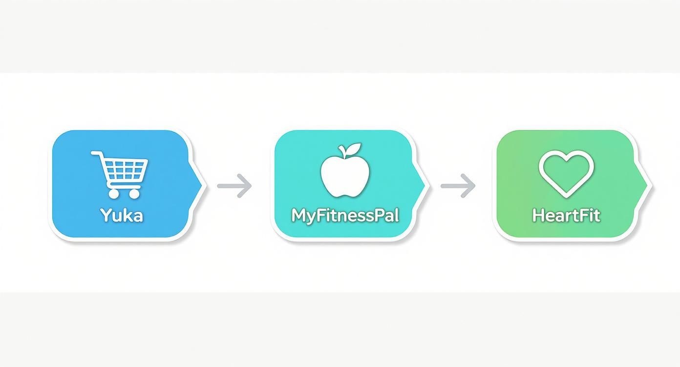 Diagram showing data flow from Yuka (shopping cart) to MyFitnessPal (apple) and then to HeartFit (heart icon).