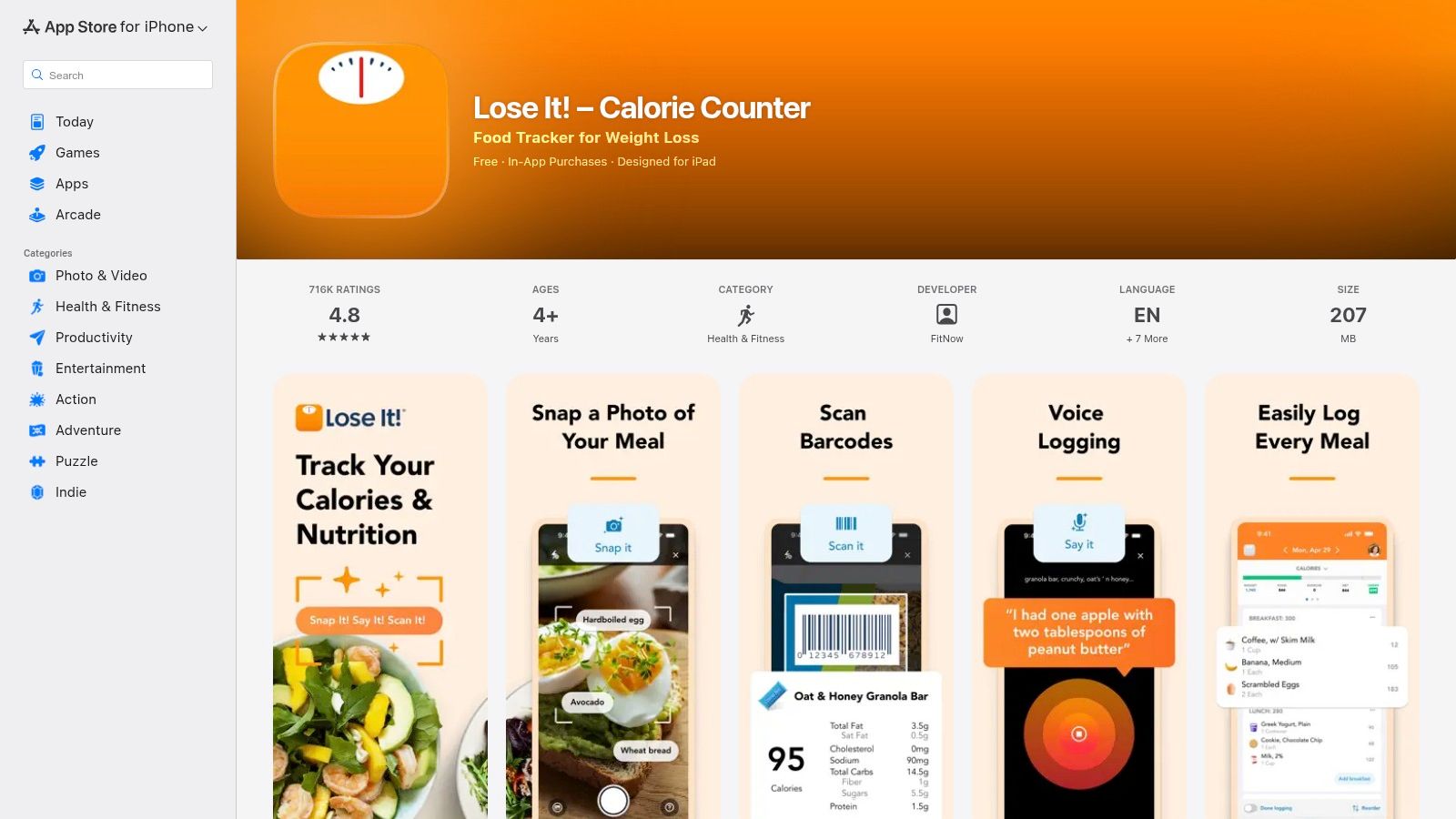 The Lose It! calorie counter app displayed on the App Store.