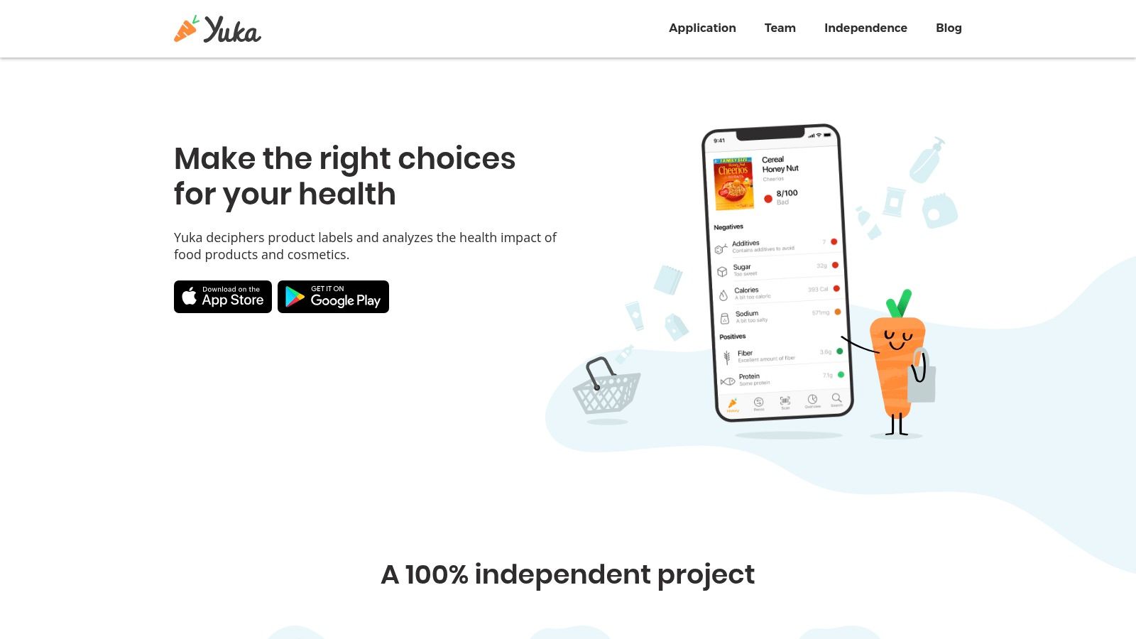 A detailed product analysis screen within the Yuka scanner food app, showing a nutritional score and breakdown.