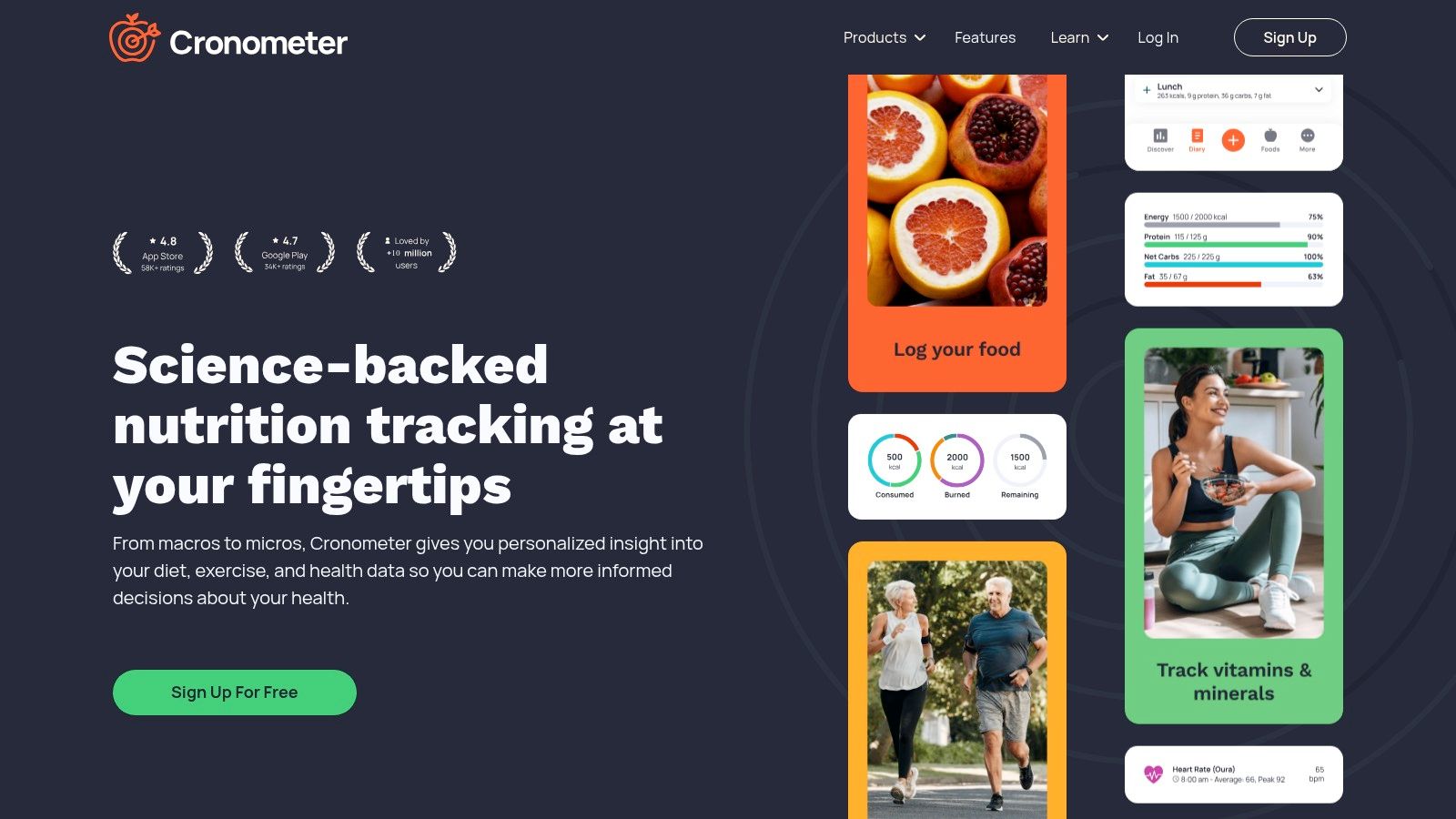 The detailed nutrient tracking interface of the Cronometer scanner food app, showing a daily log.
