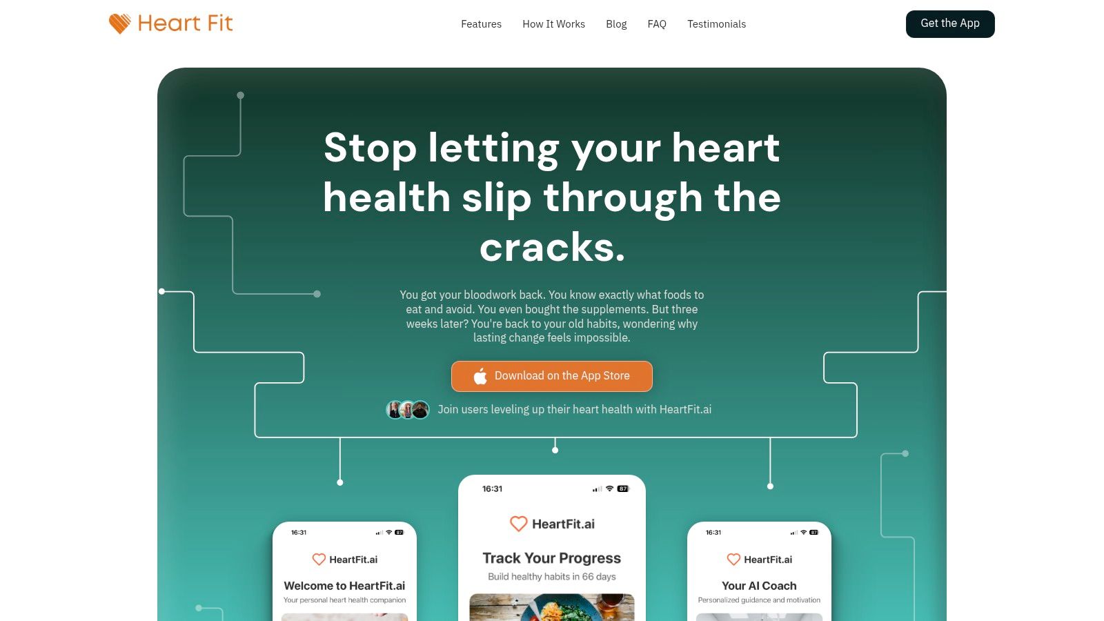 A person using the Heart Fit app on their phone to scan a meal, with the app's interface showing a score and nutritional information.