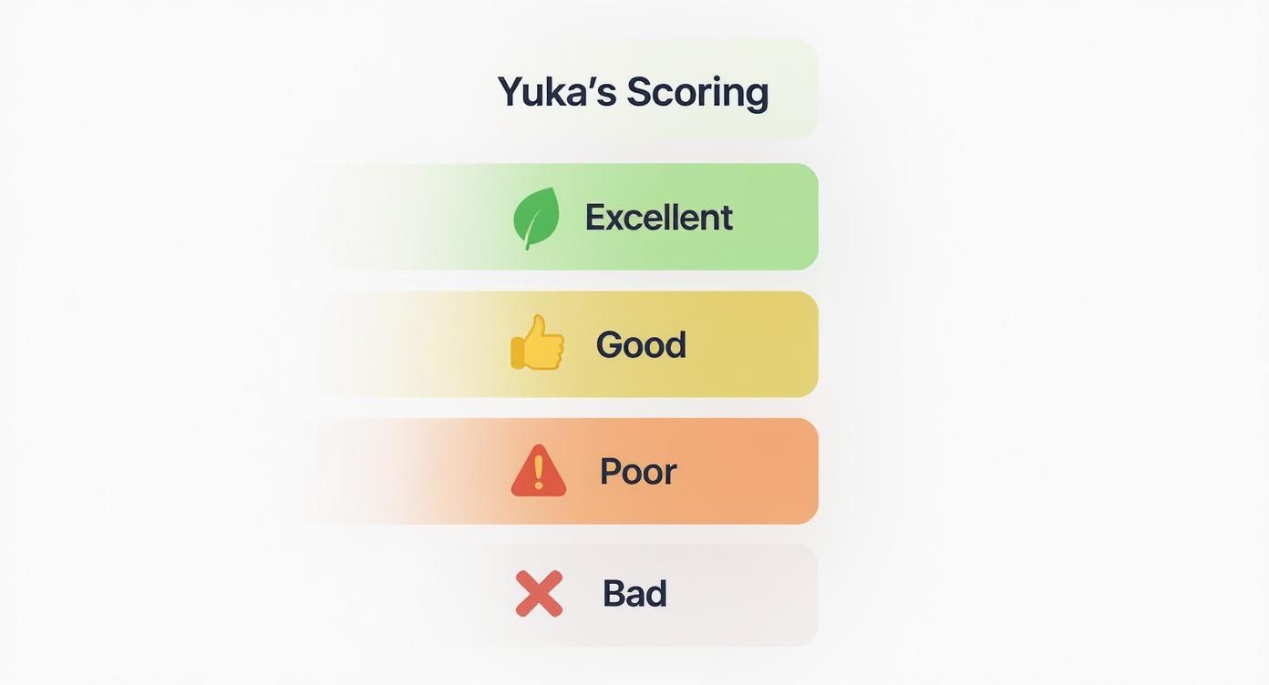 Yuka app's food scoring legend with excellent, good, poor, and bad ratings.