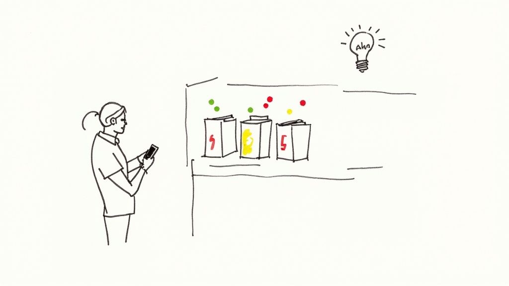 A sketch of a person using a phone next to shelves with labeled boxes and an 'Aha' lightbulb.