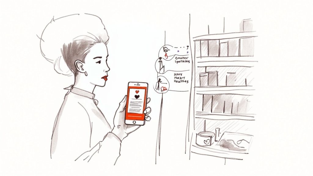 Illustration of a woman using a health app on her smartphone to track nutrition and wellness.