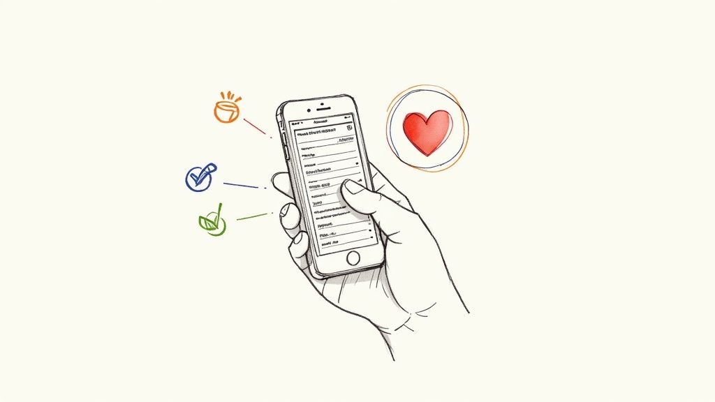 Sketch of a hand holding a smartphone, displaying a health food app with icons for dietary preferences and health goals.