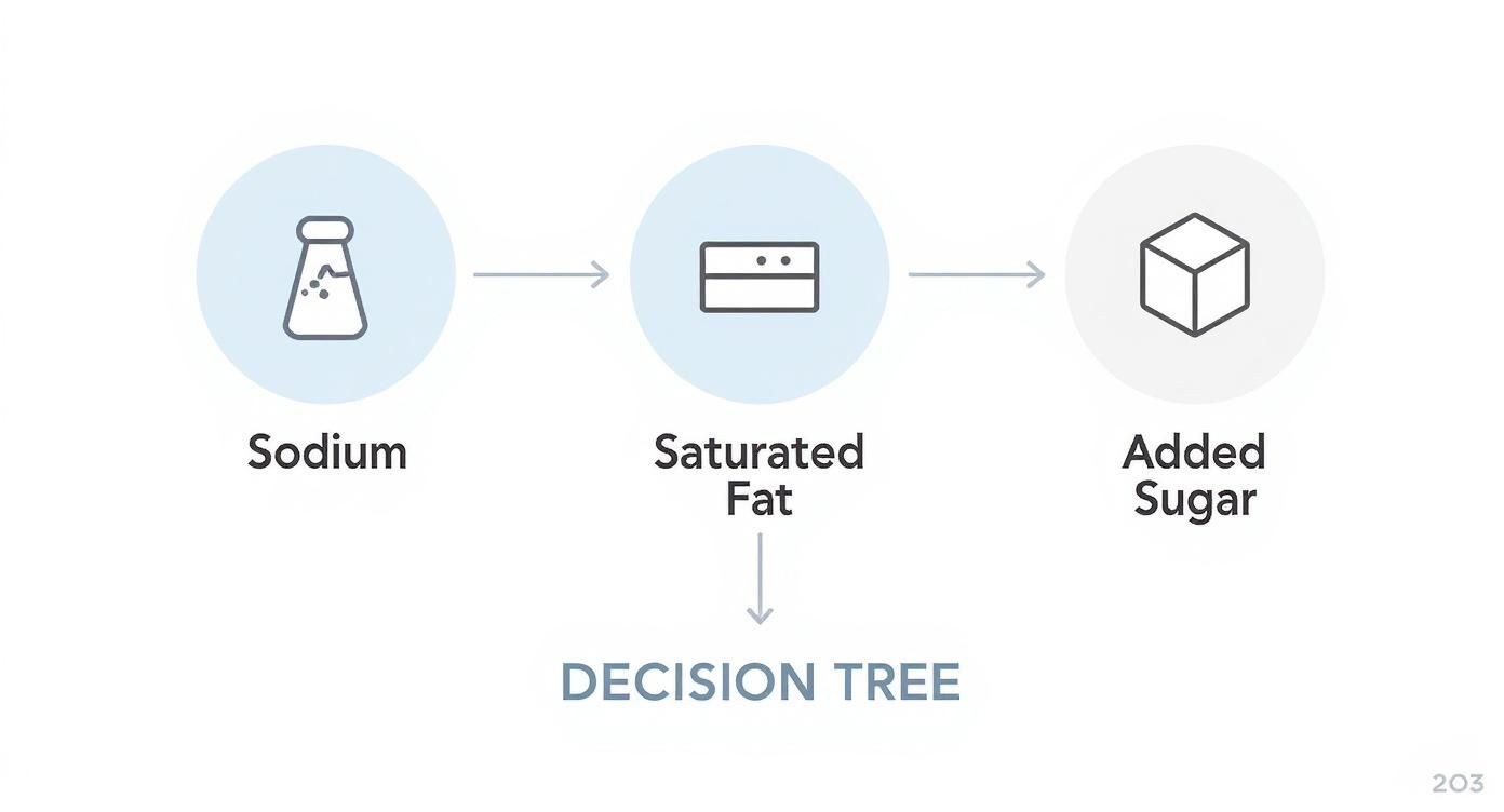 A flowchart diagram showing Sodium, Saturated Fat, and Added Sugar, connecting to a Decision Tree.