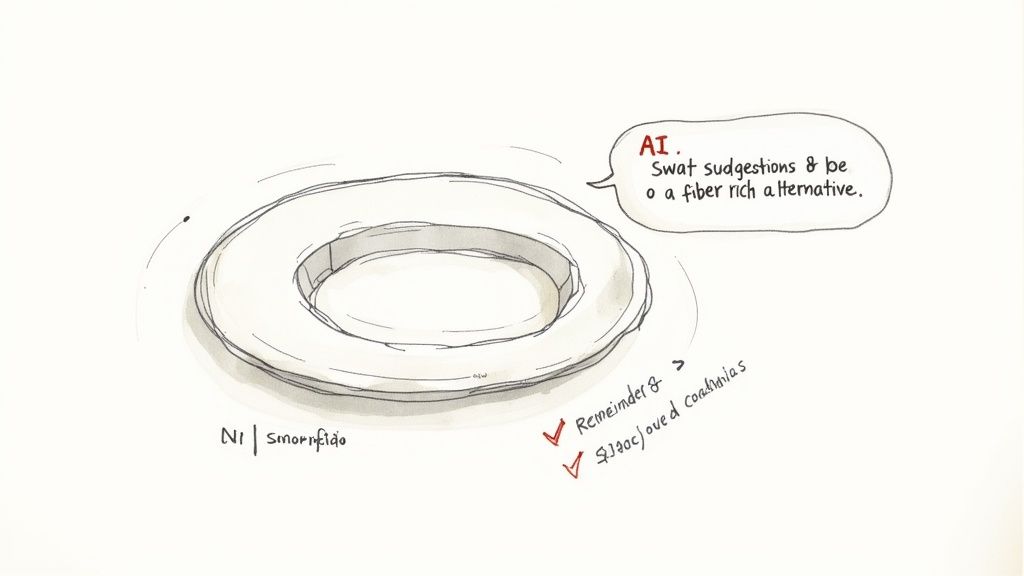 A hand-drawn illustration showing a ring and an AI speech bubble discussing fiber-rich alternatives.