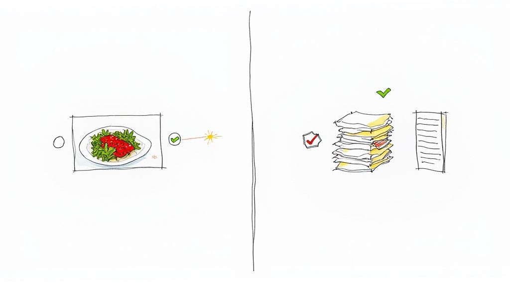 Illustration comparing food recognition with a green checkmark to document and data processing with multiple checks.