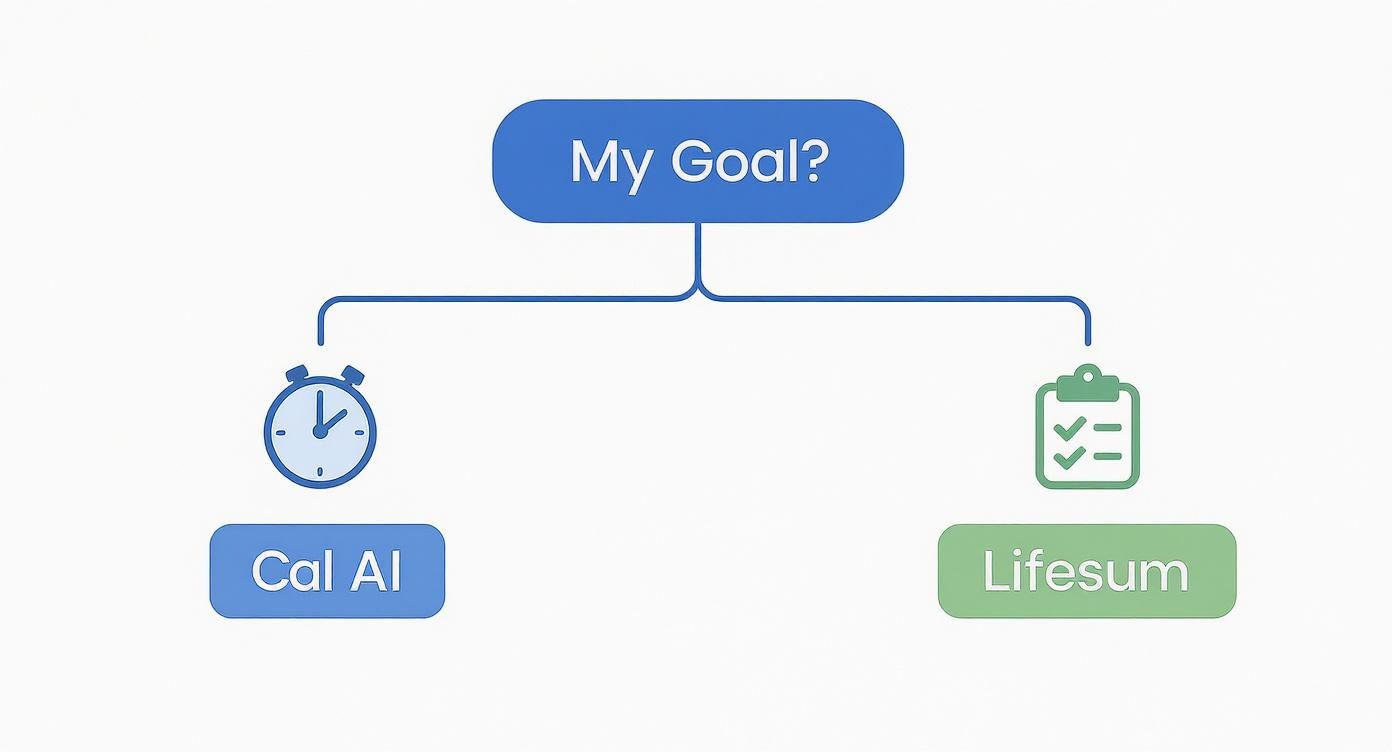 A flowchart showing 'My Goal?' at the top, branching to 'Cal AI' with a stopwatch icon and 'Lifesum' with a checklist icon.
