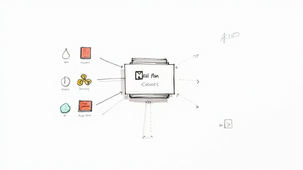 Hand-drawn diagram illustrating a meal plan influenced by inputs like water, timing, and recipes, showing outputs.