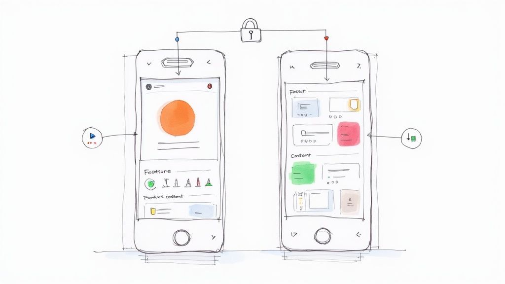 Hand-drawn sketch of two mobile app screens with UI elements connected by a security padlock.