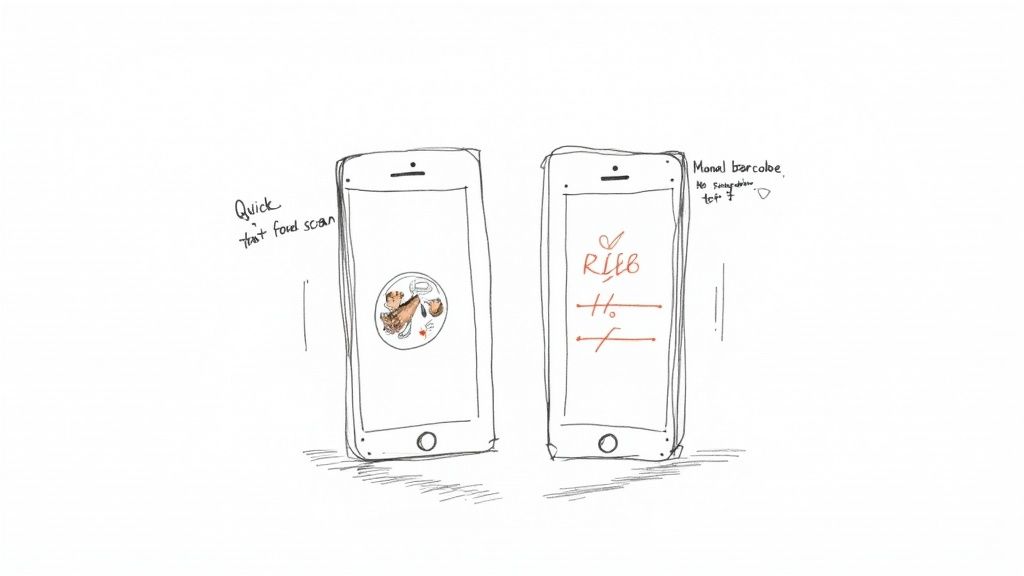 Two hand-drawn smartphone screens illustrating food scanning and manual barcode entry features.