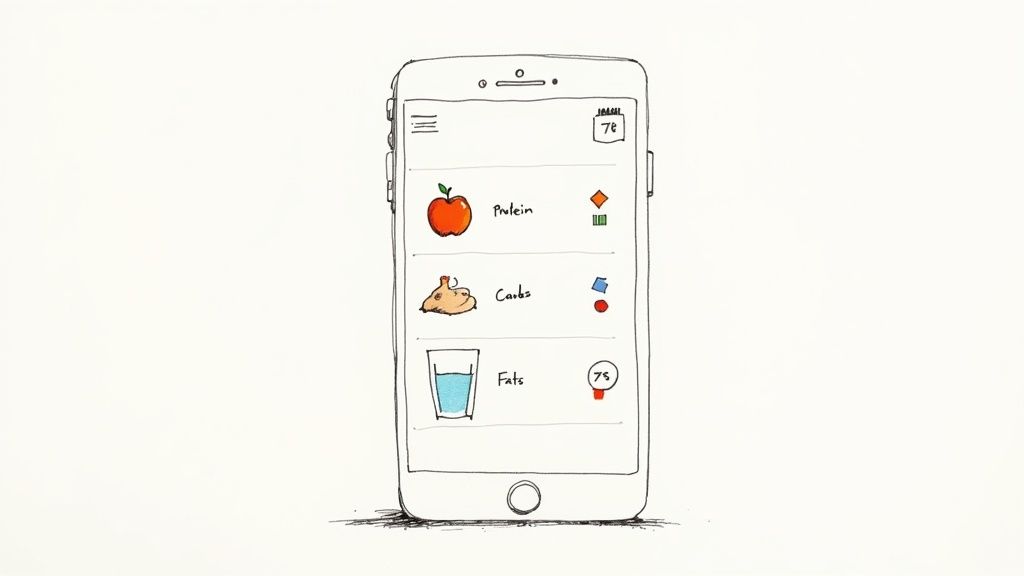 A hand-drawn smartphone screen displays a nutrition tracking app with categories for protein, carbs, and fats.