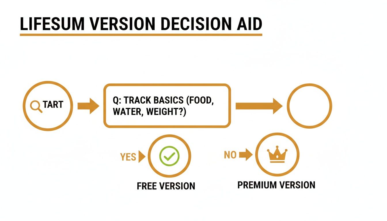 A Lifesum app decision aid flowchart guiding users to Free or Premium versions based on tracking needs.