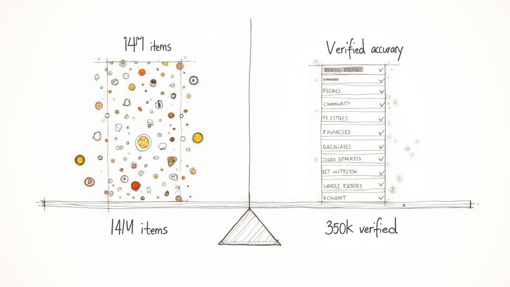 Sketch of a scale balancing millions of items versus 350,000 verified accurate data points.