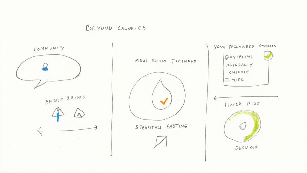 A handwritten diagram titled 'Beyond Calories' illustrating concepts of community, meal timing, and progress tracking.