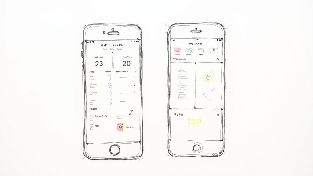 Two hand-drawn smartphone wireframe sketches for fitness and wellness application interfaces.