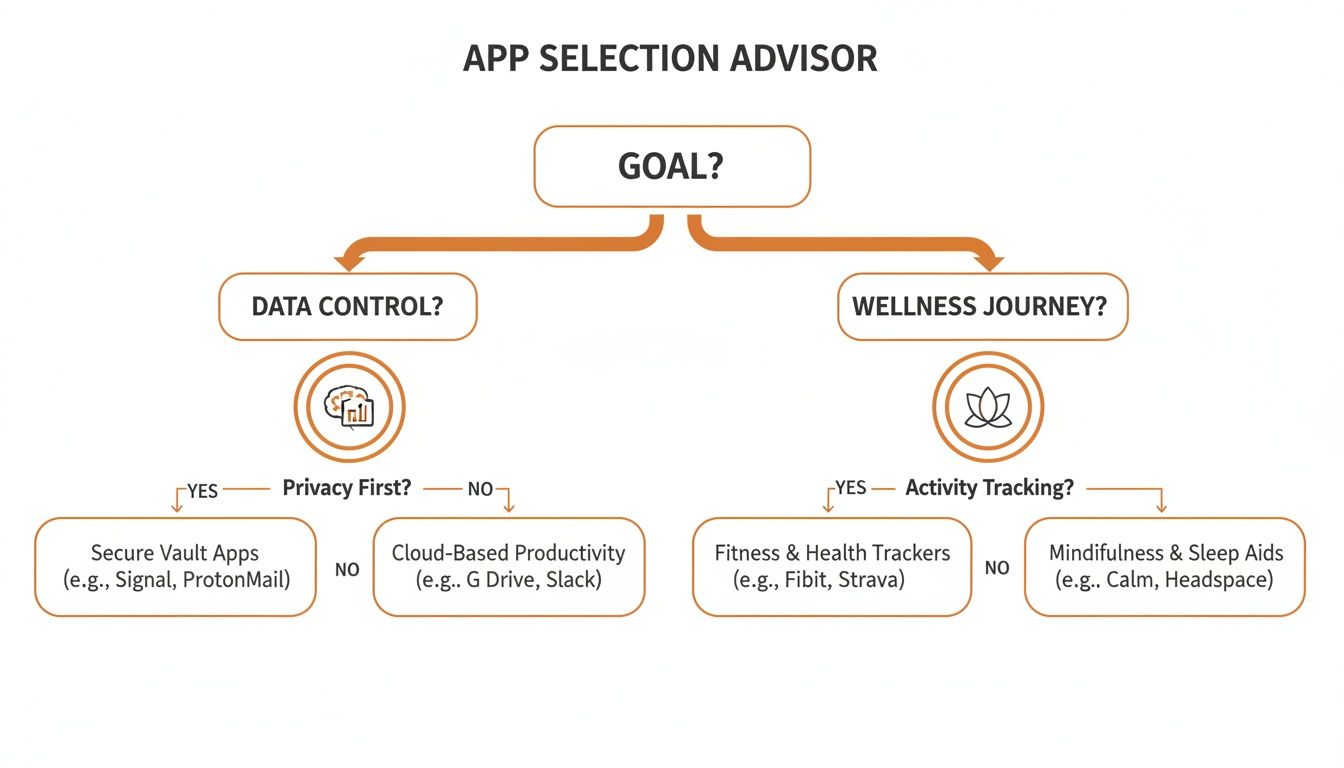 Decision tree flowchart for app selection advisor based on data control or wellness goals.