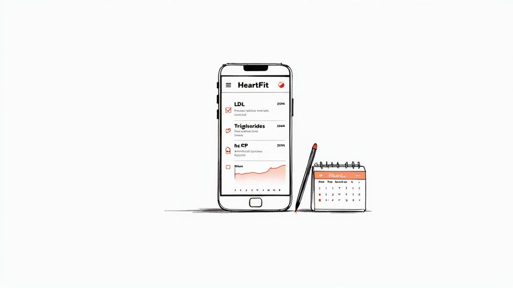 A smartphone displays a HeartFit app with health metrics, a graph, next to a calendar and pen.