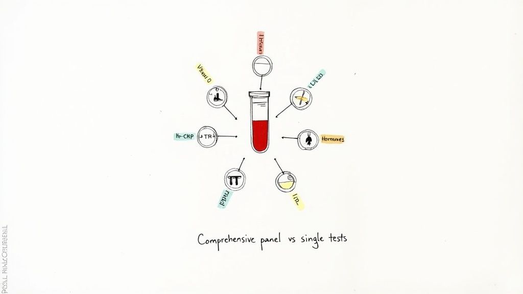 Illustration of a blood test tube surrounded by various diagnostic tests for a comprehensive health panel.