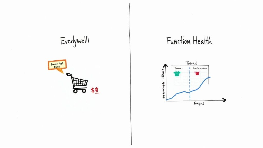 Side-by-side comparison of Everlywell's direct purchase model and Function Health's health trend visualization.
