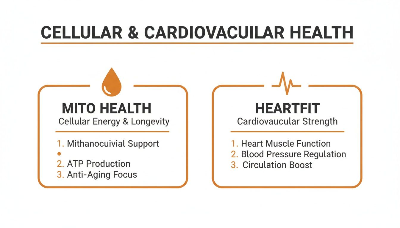 Infographic showing cellular and cardiovascular health benefits with details on Mito Health and Heartfit.