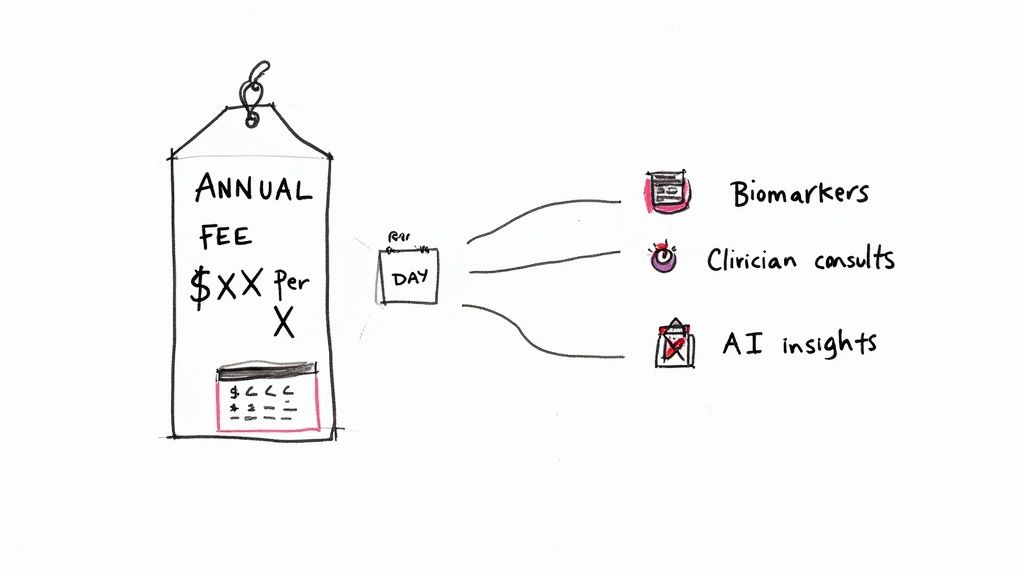Diagram shows an annual fee for daily access to health services including biomarkers, clinician consults, and AI insights.