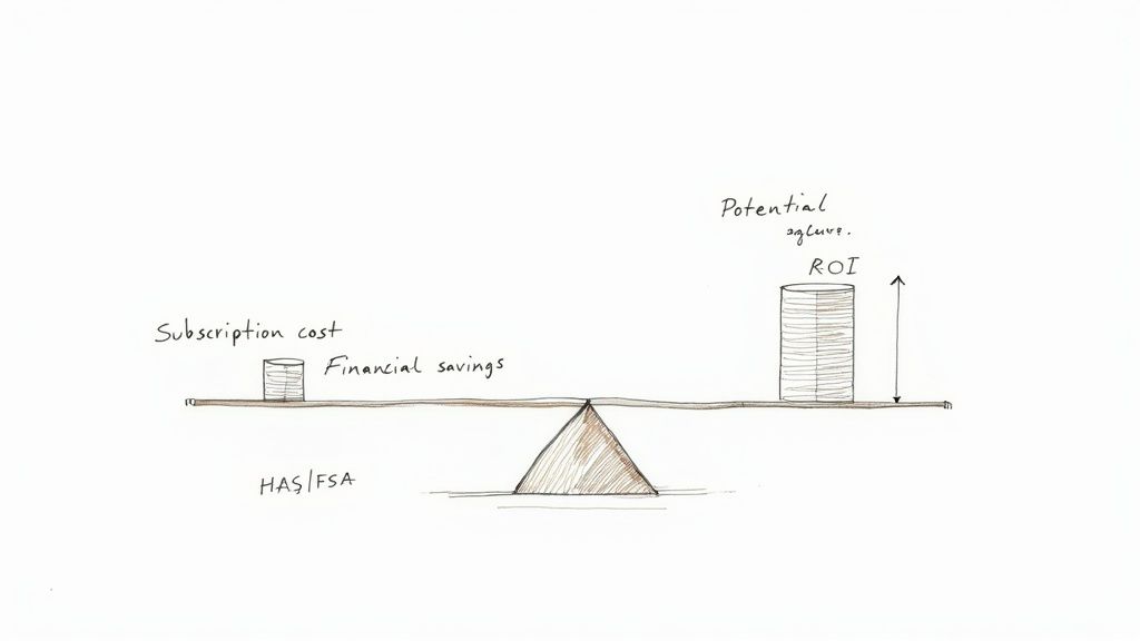 A hand-drawn balance scale illustrates subscription cost and financial savings (HSA/FSA) against potential ROI.