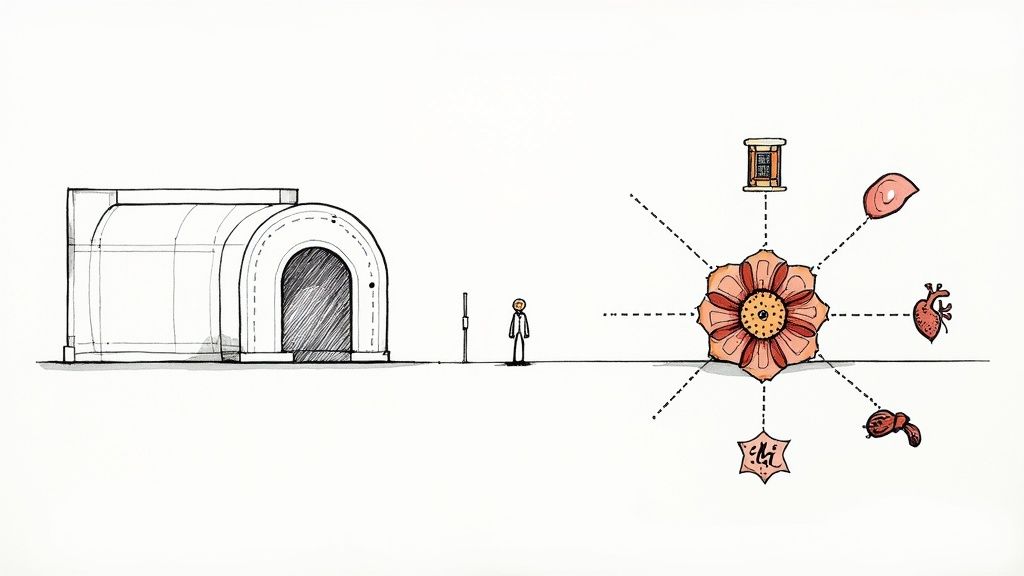 An illustration comparing a simple building, a human figure, and a flower diagrammed with organs and symbols.
